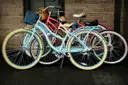 Beach cruiser bicycles parked in a row