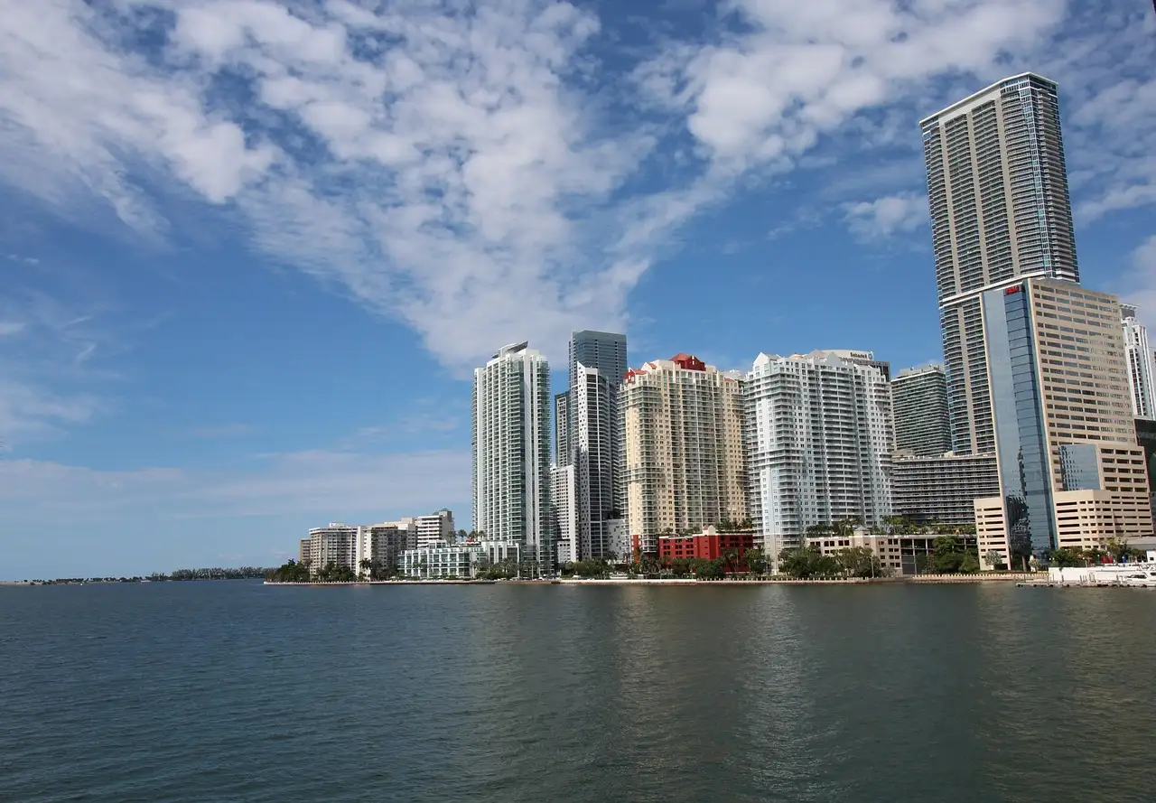 The Brickell skyline across the water on a clear day