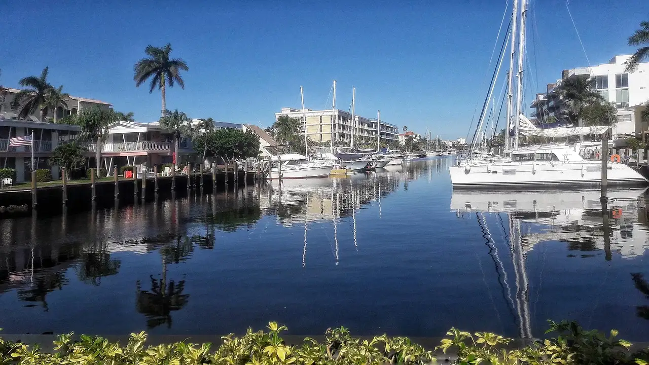 A calm canal with moored boats and palms
