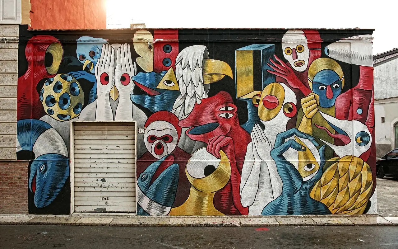 A colourful mural covering a shopfront