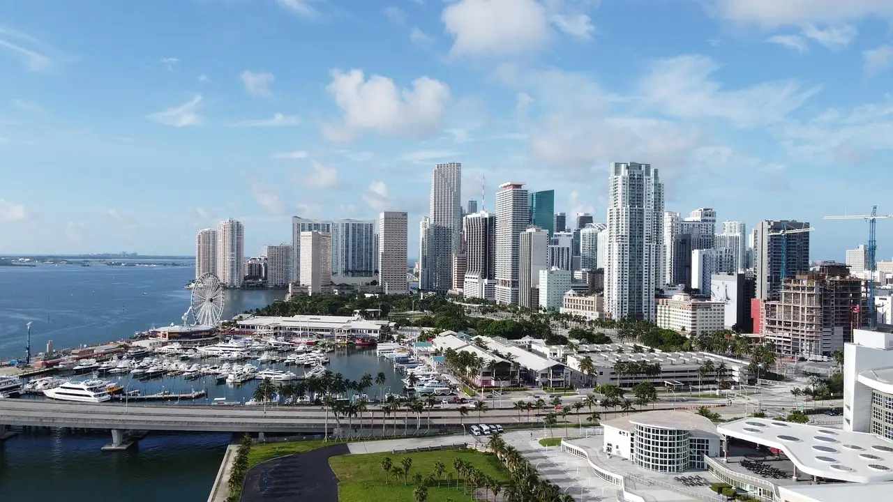 Downtown Miami and the Bayside marina seen from high above