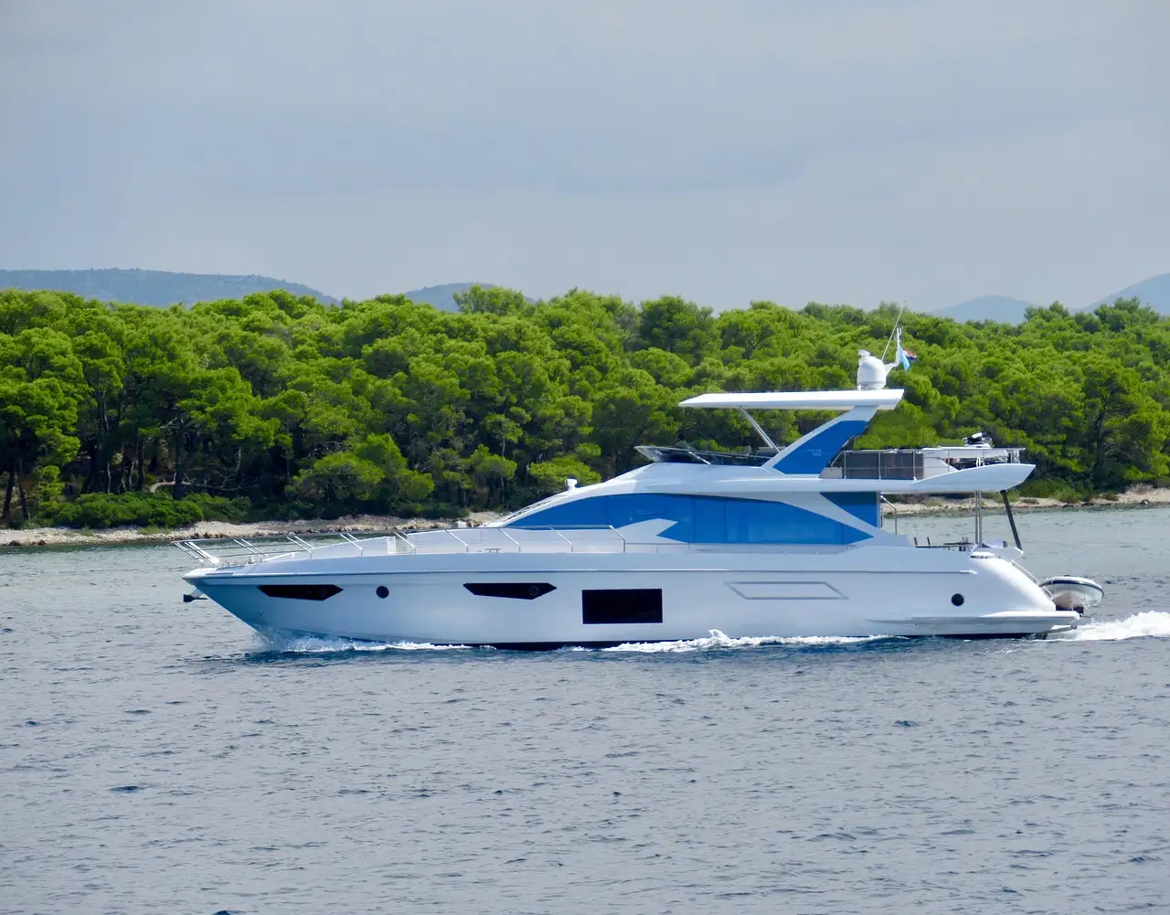 A white flybridge yacht cruising along a green shore