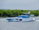 A white flybridge yacht cruising along a green shore