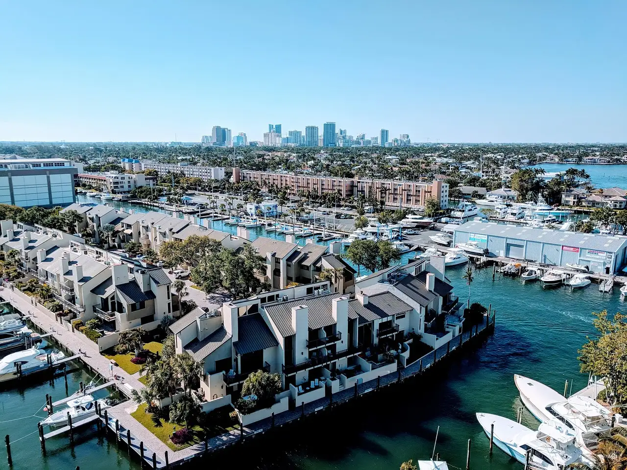 Fort Lauderdale canals, boats and the downtown skyline from the air