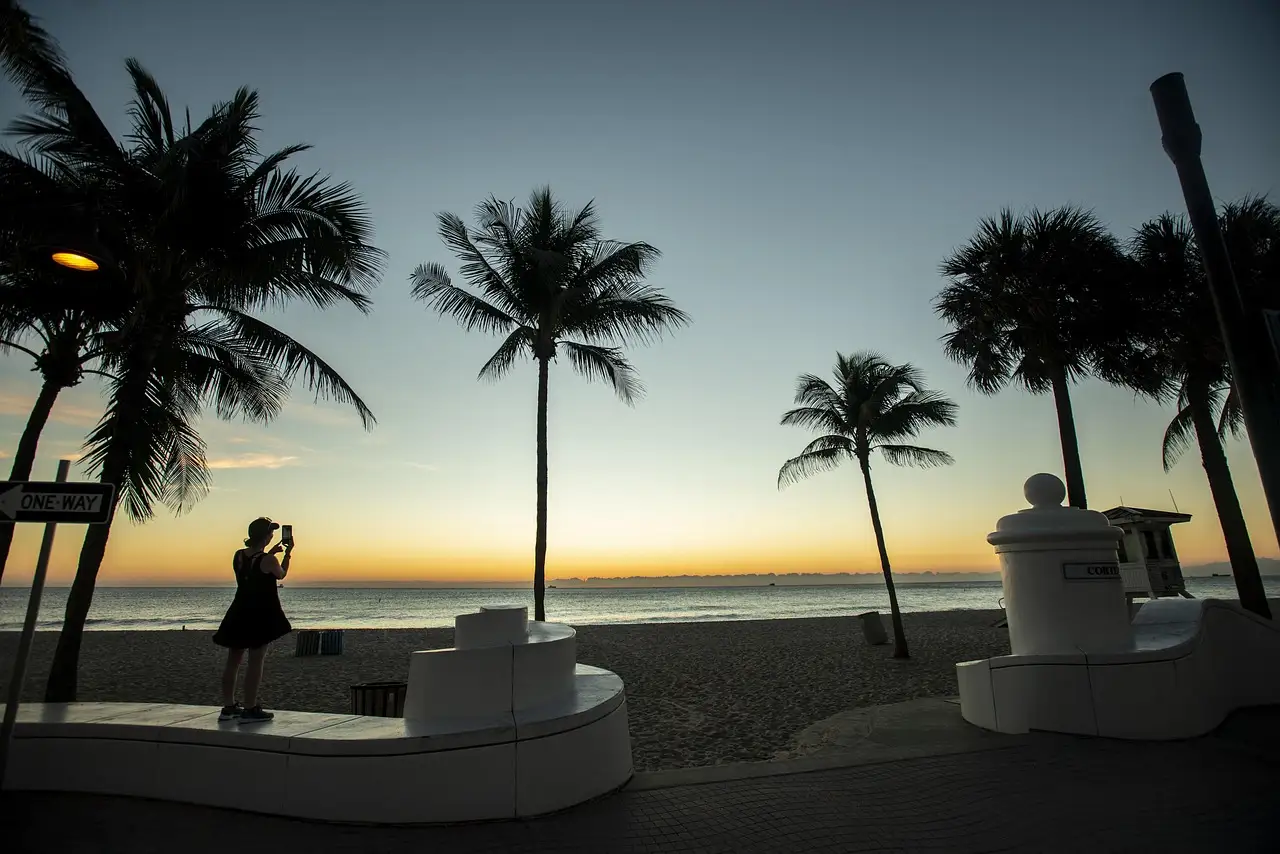 Palm trees silhouetted at sunset on Fort Lauderdale beach