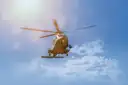 A helicopter flying among white clouds