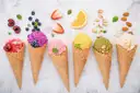 Ice cream cones in a row, topped with fruit