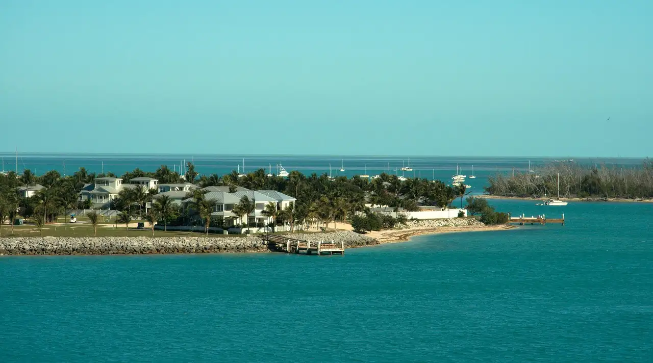 The Key West shore with palm trees and houses across turquoise water