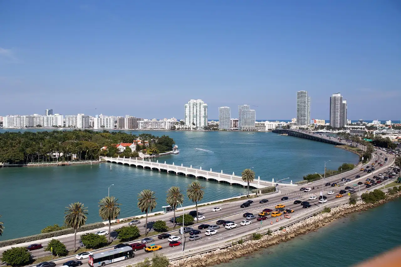 The MacArthur Causeway crossing Biscayne Bay toward the Miami Beach skyline
