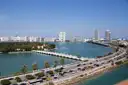The MacArthur Causeway crossing Biscayne Bay toward the Miami Beach skyline