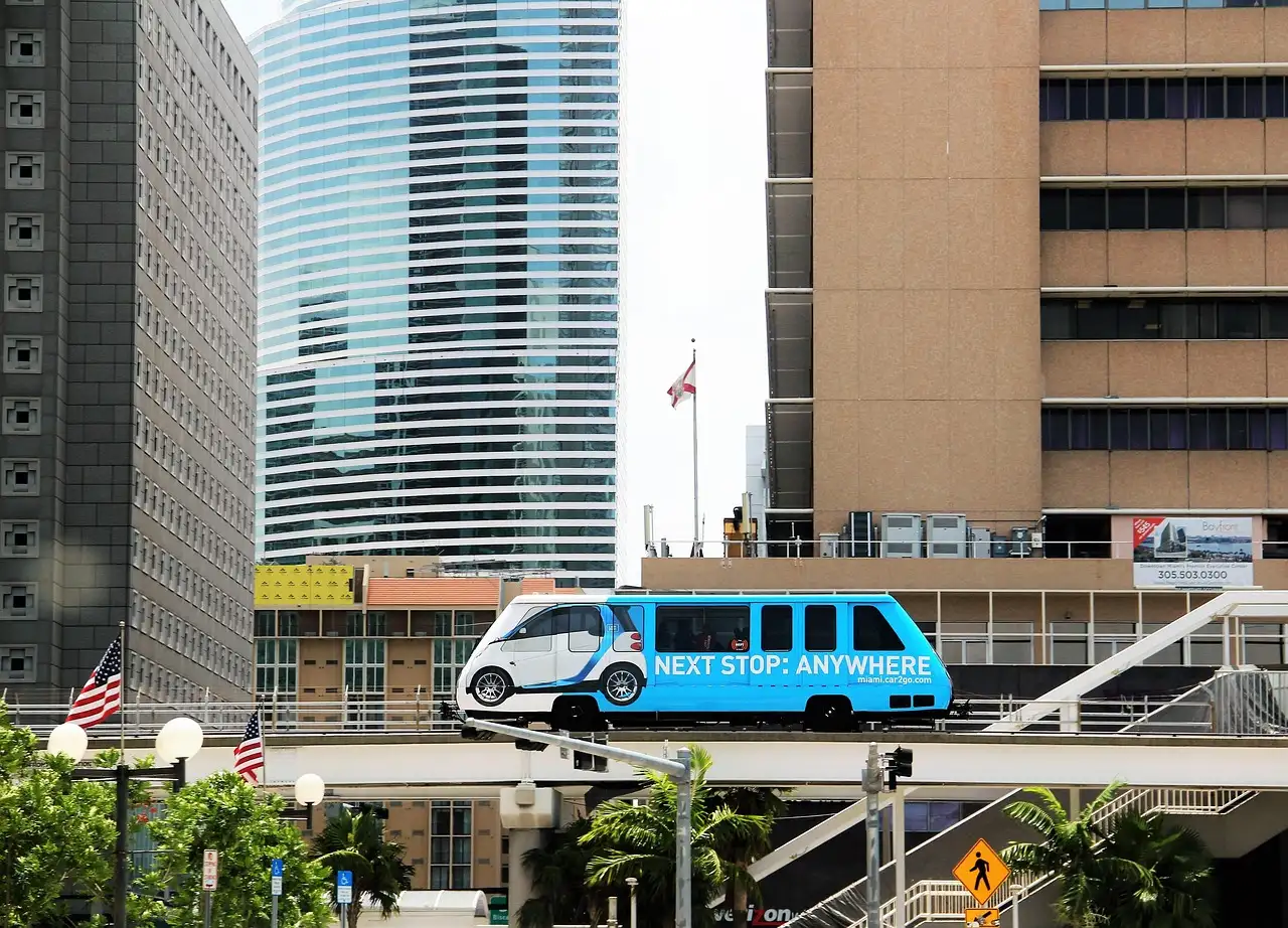 A Metromover train on its elevated track between downtown Miami towers
