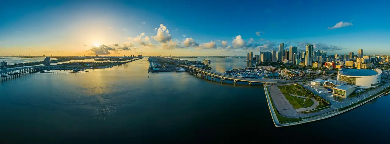 A panorama of Biscayne Bay, the port and the downtown Miami skyline