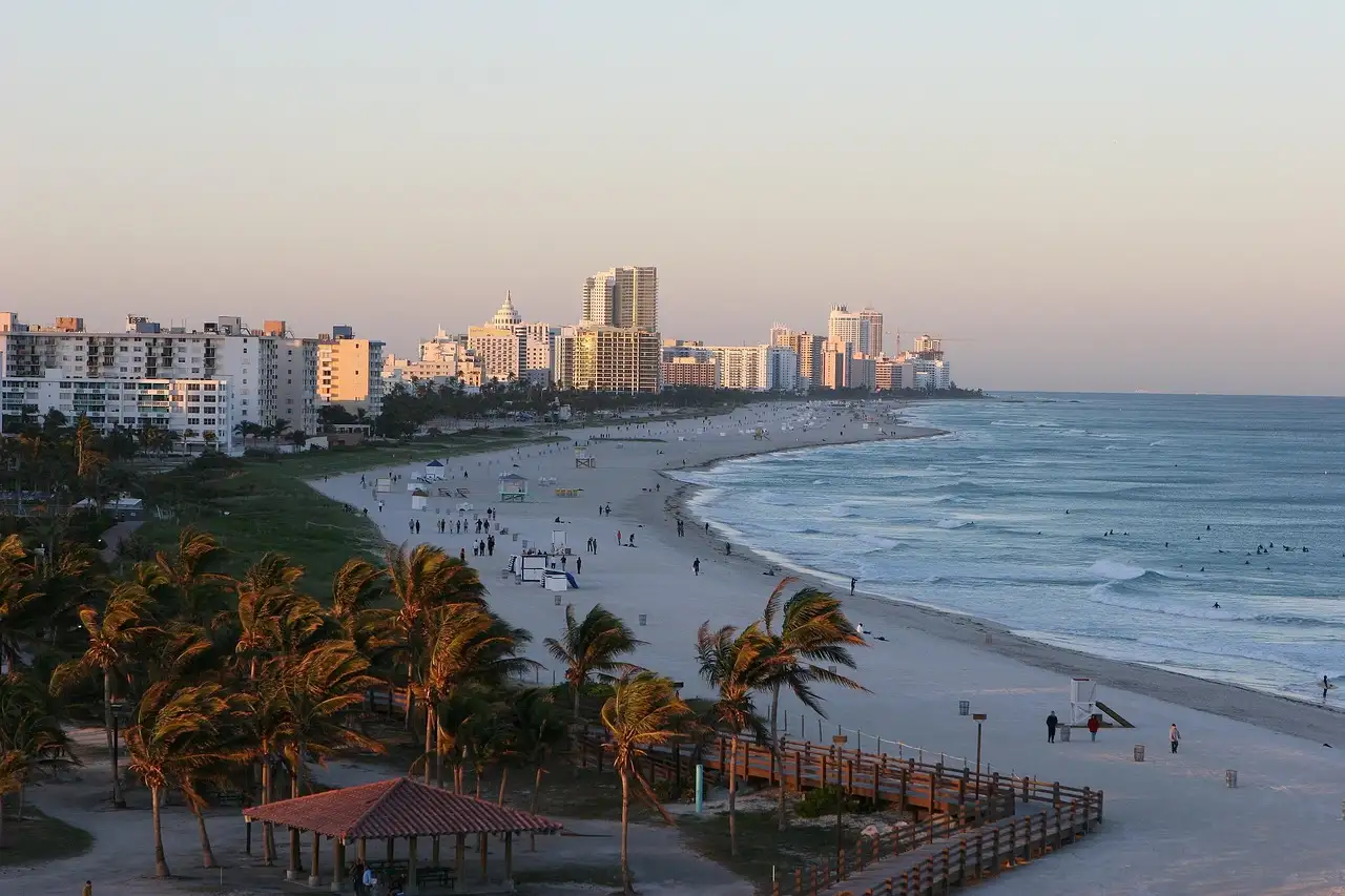 The Miami Beach coastline, beach and towers in evening light
