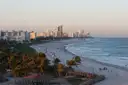 The Miami Beach coastline, beach and towers in evening light