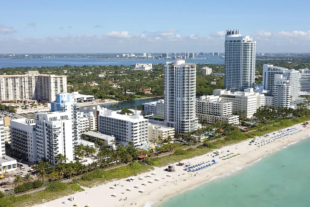 Miami Beach hotels and the shoreline seen from the air