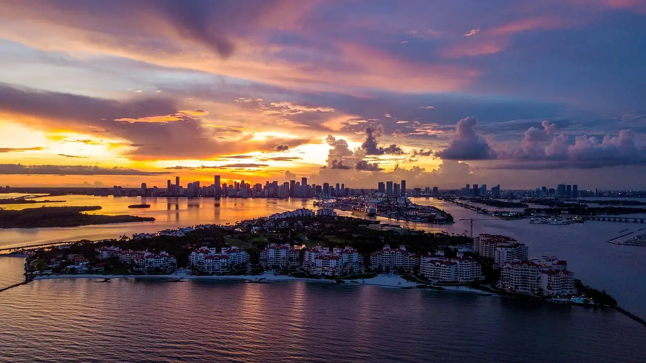 Islands in Biscayne Bay and Miami Beach seen from the air at dusk
