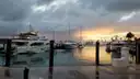 Yachts moored in a Miami marina at dusk under a cloudy sky