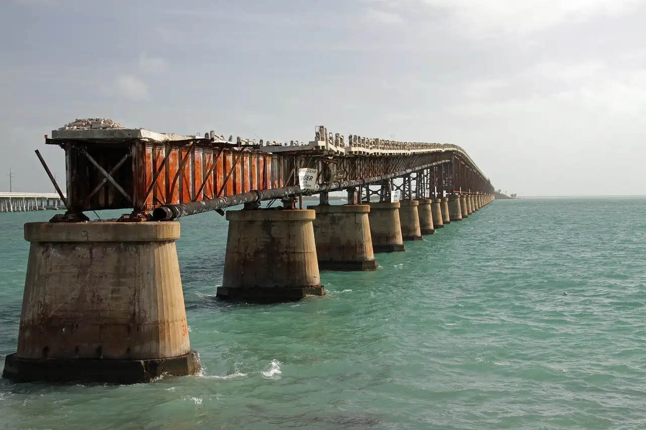 Old railway bridge stretching across the water in the Florida Keys
