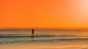 A paddleboarder in silhouette against an orange sunset sea