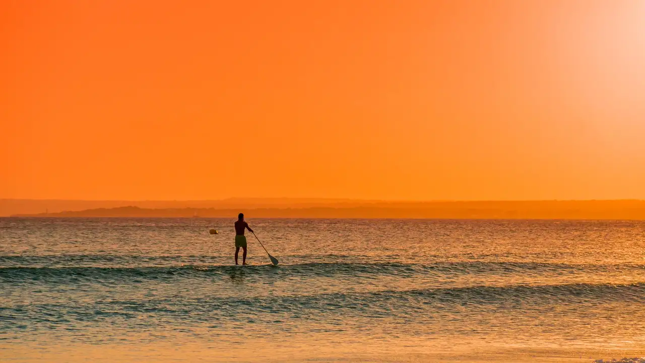 A paddleboarder in silhouette against an orange sunset sea