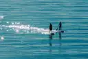 Two paddleboarders standing on calm, glittering water