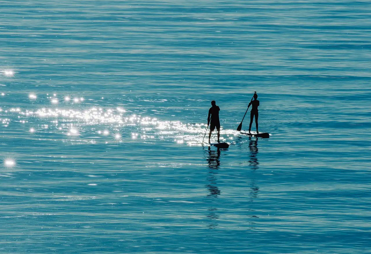 Two paddleboarders standing on calm, glittering water