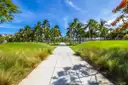 A paved path lined with palm trees and grass