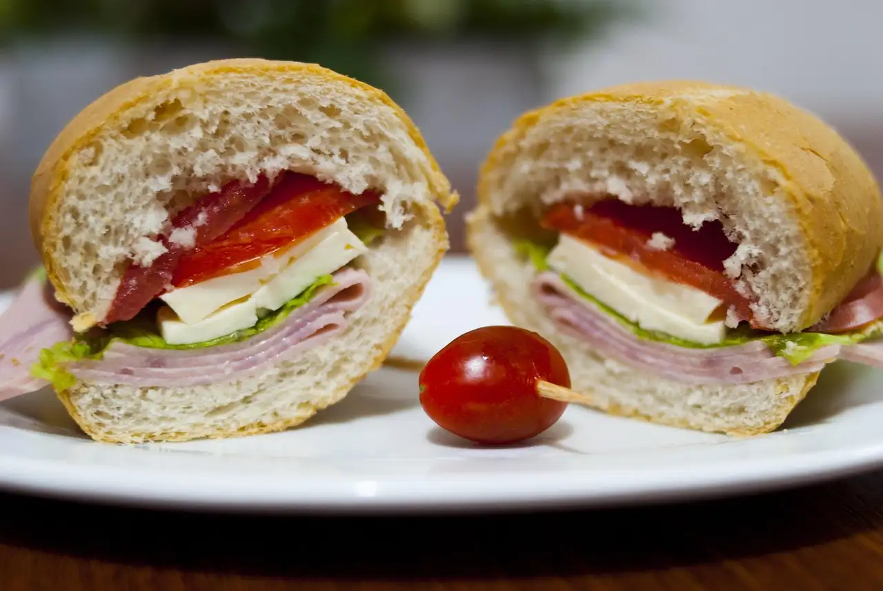 Two halves of a toasted sandwich with tomato