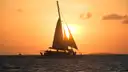 A sailing catamaran in silhouette against a Key West sunset