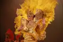 A show dancer in a gold costume with a large yellow feather headdress