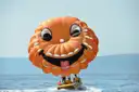 An orange smiley-face parasail lifting off behind a boat