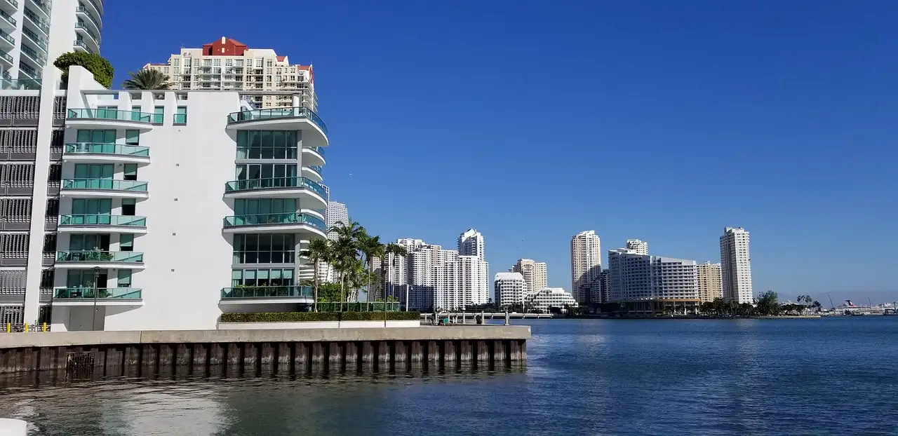 Waterfront towers and docks along Biscayne Bay